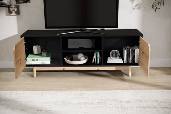 Rootz Lowboard TV Kaappi - TV lipasto - Viihdeyksikkö - Moderni musta tammi - Tilava säilytystila - Kaapelien hallinta - Lattian suojaus - 150cm x 40c