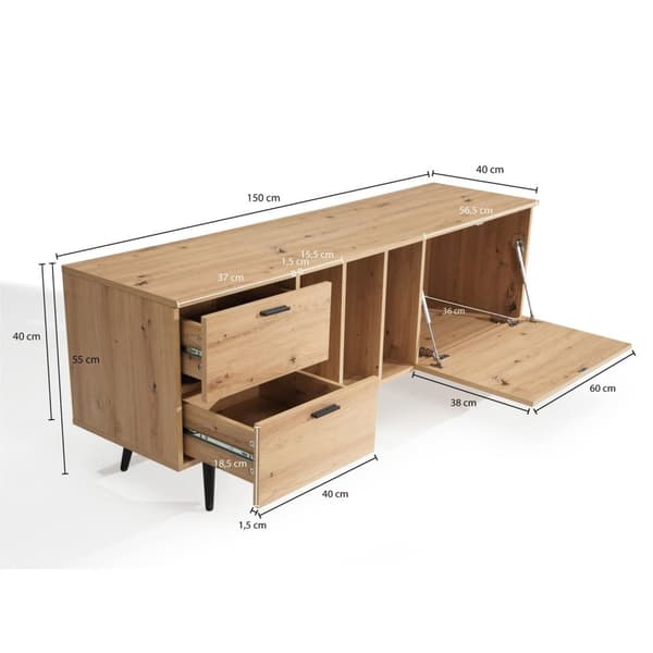 Rootz Lowboard 150 cm TV-bänk - TV-skåp - Underhållningsenhet - Ekfinish - Rymlig förvaring - Modern design - Hållbar konstruktion - 150cm x 55cm x 40