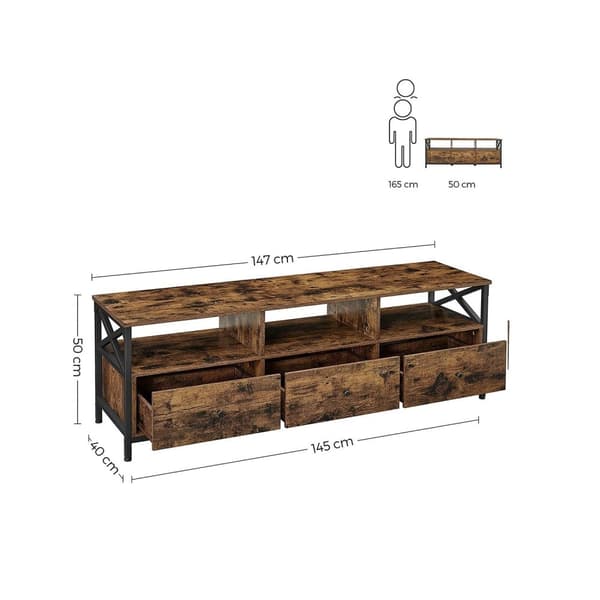Rootz Vintage ruskea-musta TV-taso - Viihdekeskus - Mediakonsoli - Lastulevy ja teräs - 147cm x 40cm x 50cm - 36,5kg - Max. 65 kg pöytäkuorma - Max. 1