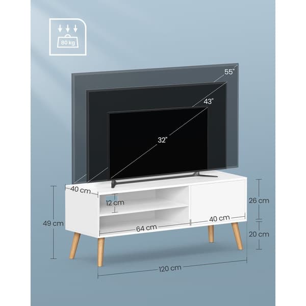 Rootz TV-teline - Viihdekeskus - Mediakonsoli - Lastulevy - Kumipuu - Valkoinen - 40 cm x 120 cm x 49 cm - 19,7 kg - 55 kg Suurin kantavuus - 15 kg hy