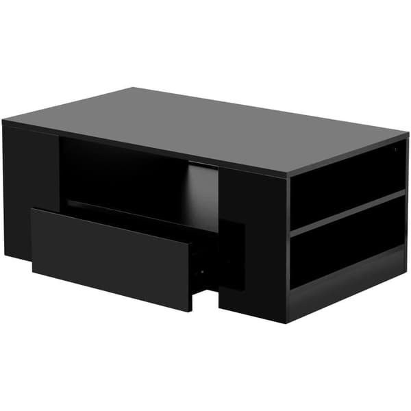 Sofabord med LED-belysning + hylder + skuffer - blank overflade - sort