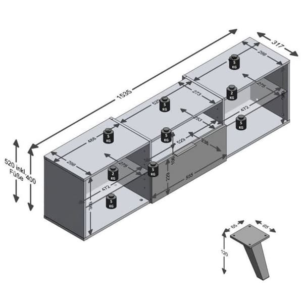 Lowboard TV/Hifi-möbler - Svart dekor - L153,5 x H52 x D31,5 cm - Tillverkad i Tyskland