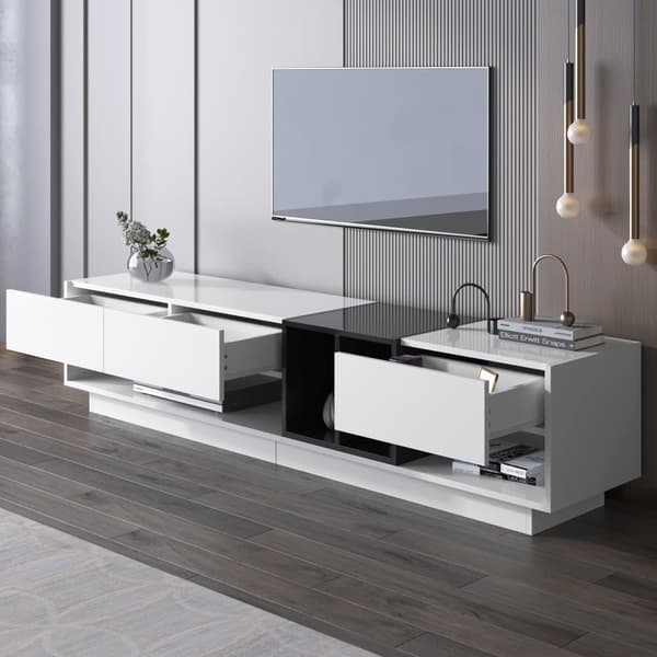 190cm TV-bänk - 3 lådor och 2 fack - högblank vit & svart