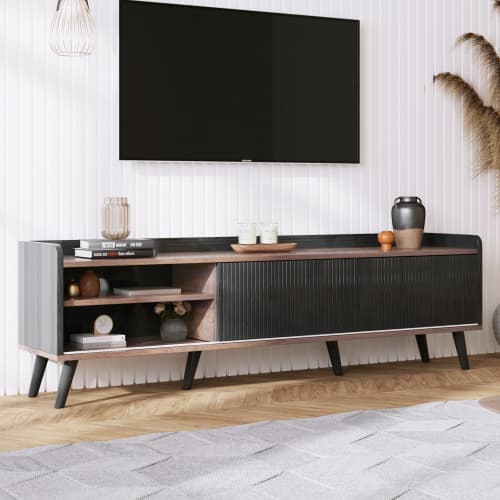 160cm TV-bänk med 2 lådor och 2 skjutdörrar - Svart & Natur