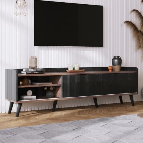 160cm TV-bänk med 2 lådor och 2 skjutdörrar - Svart & Natur