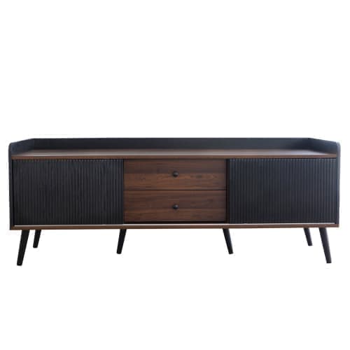 160cm TV-bänk med 2 lådor och 2 skjutdörrar - Svart & Natur
