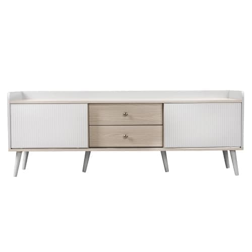 160cm TV-bänk med 2 lådor och 2 skjutdörrar - Vit & Natur