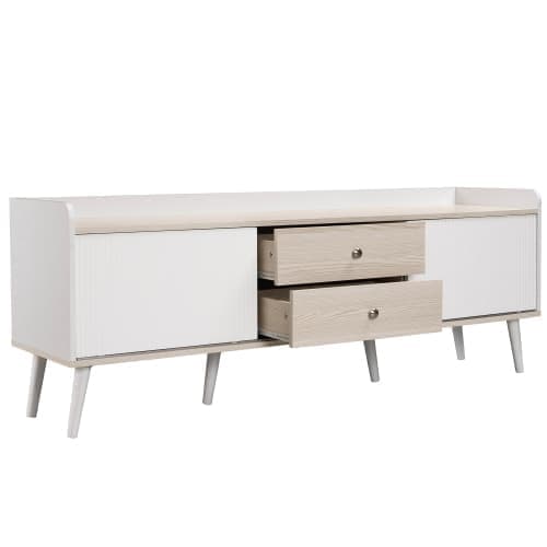 160cm TV-bänk med 2 lådor och 2 skjutdörrar - Vit & Natur