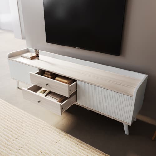 160cm TV-bänk med 2 lådor och 2 skjutdörrar - Vit & Natur
