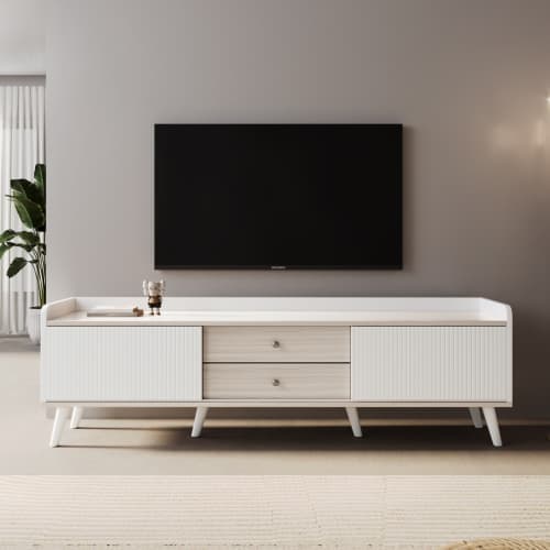 160cm TV-bänk med 2 lådor och 2 skjutdörrar - Vit & Natur