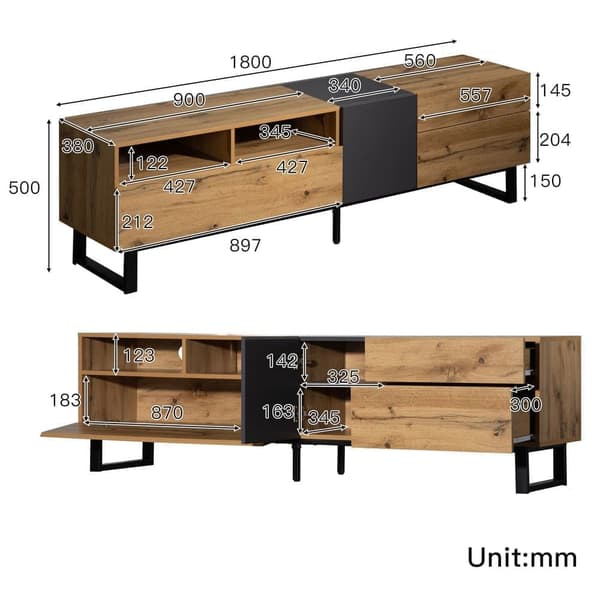 180cm TV-bänk i industriell stil med träkorn - Naturell