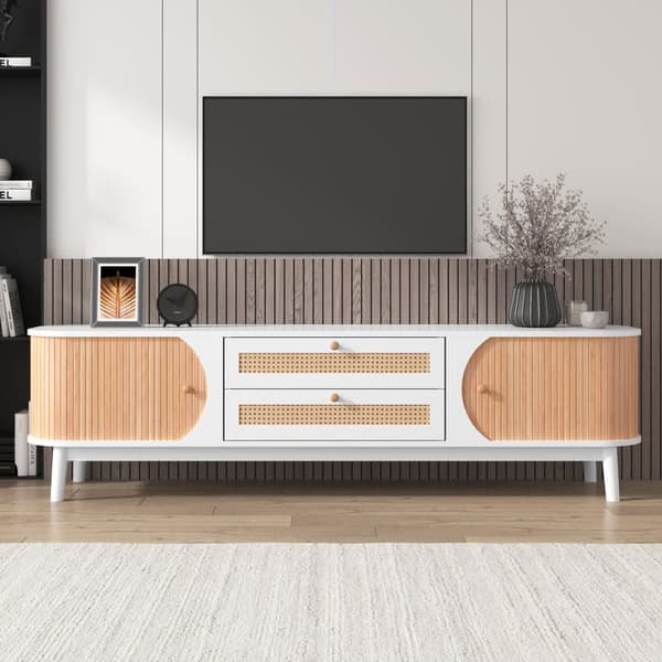 TV-bänk 170 cm i massivt trä och rotting - 2 lådor och 2 dörrar - lantlig stil - natur