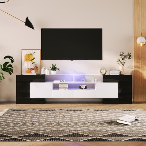 2m TV-bänk i trä med 2 lådor och 2 öppna hyllor - Svart & Vit