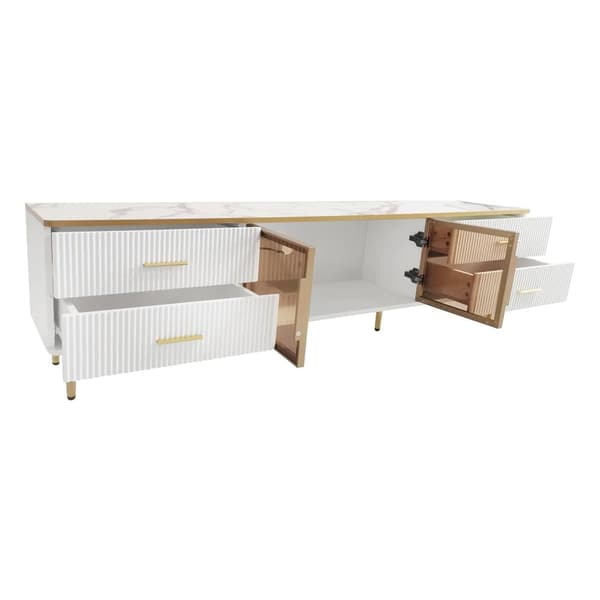 Skandinavisk TV skab 170cm med LED - 4 skuffer - marmoreffekt finer - Hvid