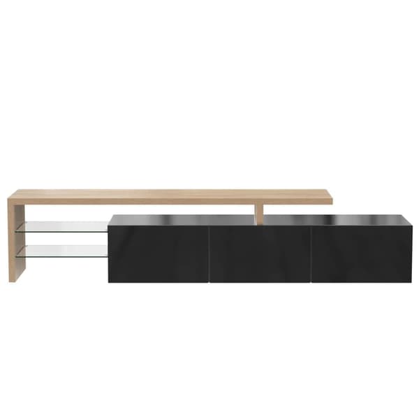 200 cm TV-skab - 3 låger og 2 glasrum - Moderne stil - Sort & Natur