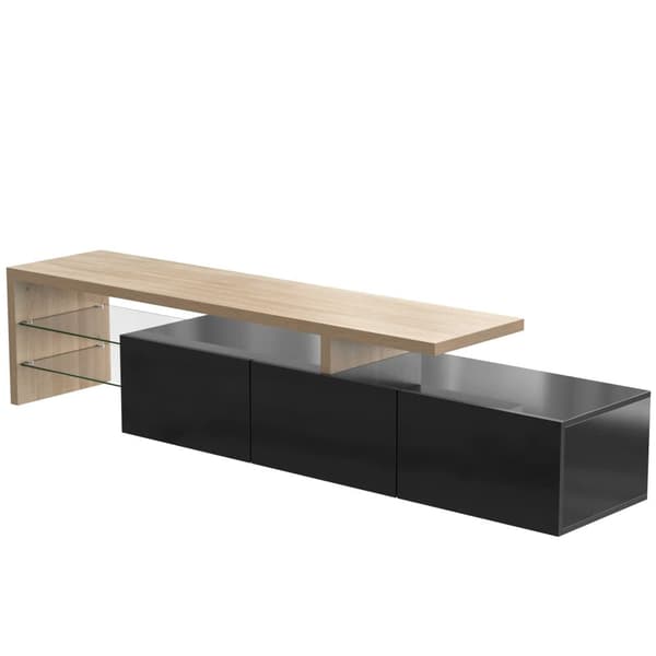 200 cm TV-skab - 3 låger og 2 glasrum - Moderne stil - Sort & Natur