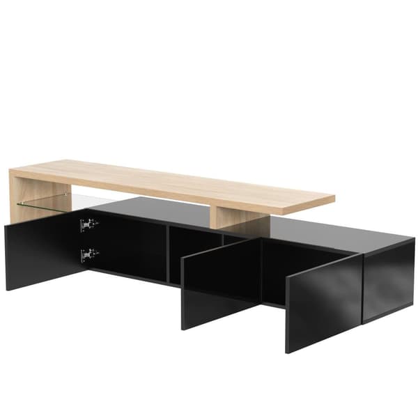 200 cm TV-skab - 3 låger og 2 glasrum - Moderne stil - Sort & Natur