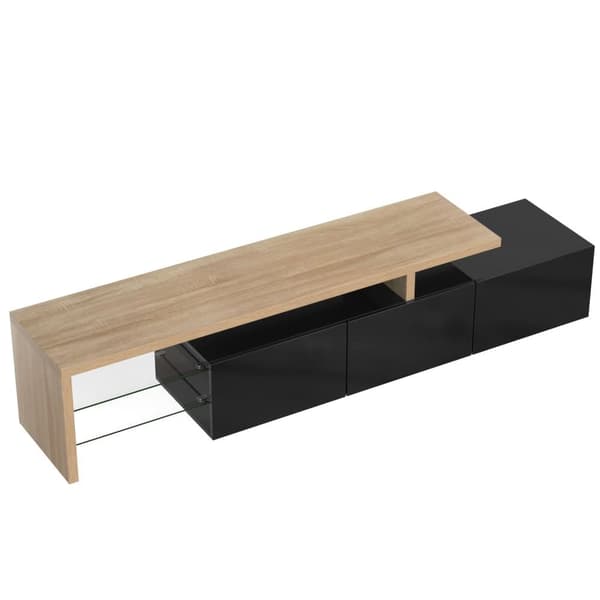 200 cm TV-skab - 3 låger og 2 glasrum - Moderne stil - Sort & Natur