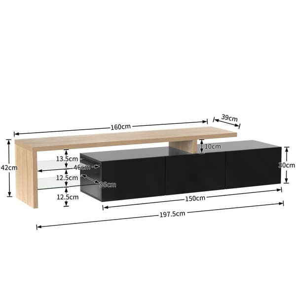 200 cm TV-skab - 3 låger og 2 glasrum - Moderne stil - Sort & Natur