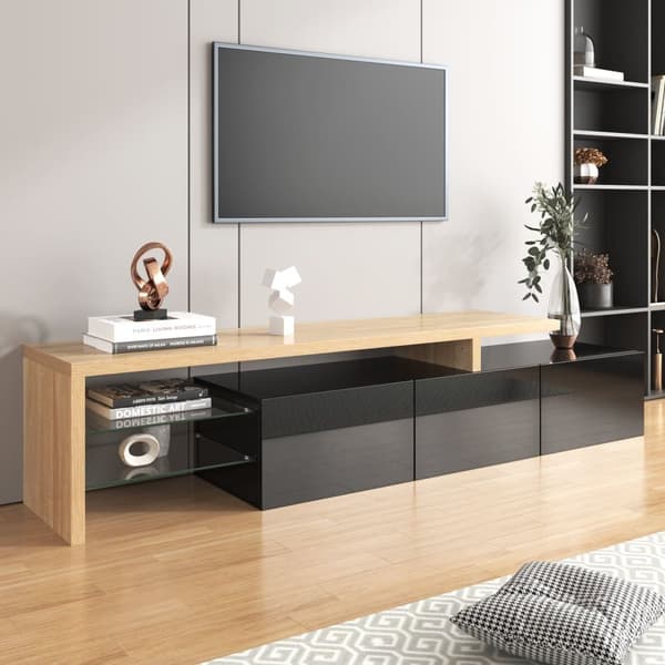 200 cm TV-skab - 3 låger og 2 glasrum - Moderne stil - Sort & Natur