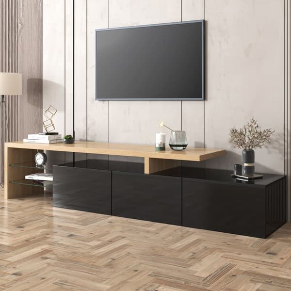200 cm TV-skab - 3 låger og 2 glasrum - Moderne stil - Sort & Natur