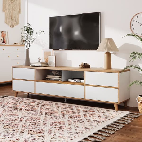 175cm TV-möbel med 5 dörrar och 2 fack för vardagsrummet - modern stil - natur & vit