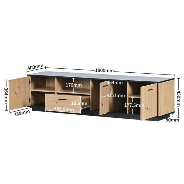 180cm LED TV Skab - 1 skuffe 3 Døre 2 Rum - Natur