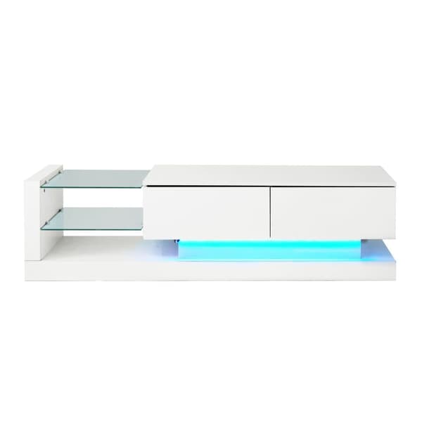 Moderni TV-teline 140 cm 60tuuman TV 16-värisillä LED-valoilla ja lasihyllyillä - valkoinen