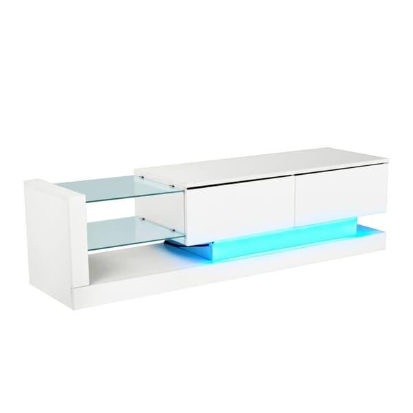 Moderni TV-teline 140 cm 60tuuman TV 16-värisillä LED-valoilla ja lasihyllyillä - valkoinen