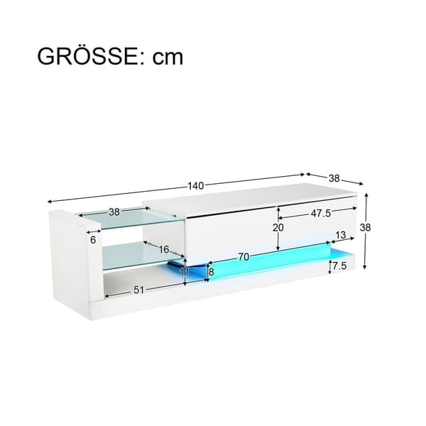 Moderni TV-teline 140 cm 60tuuman TV 16-värisillä LED-valoilla ja lasihyllyillä - valkoinen