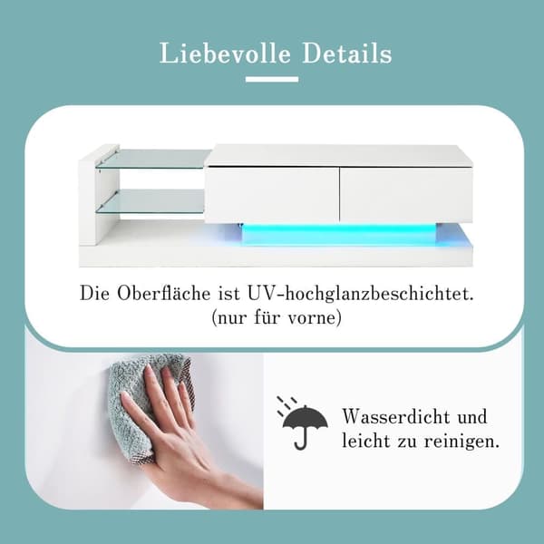 Moderni TV-teline 140 cm 60tuuman TV 16-värisillä LED-valoilla ja lasihyllyillä - valkoinen