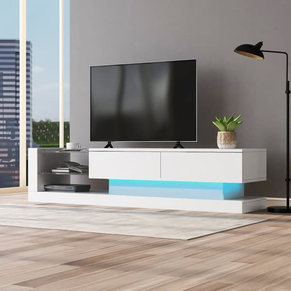 Moderni TV-teline 140 cm 60tuuman TV 16-värisillä LED-valoilla ja lasihyllyillä - valkoinen