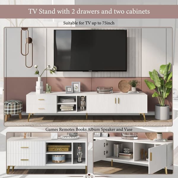 Modernt skandinaviskt TV-stativ 180cm för 75" tv - 2 lådor och 3 fack - vit