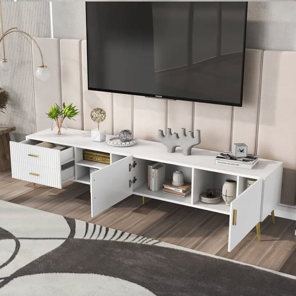 Modernt skandinaviskt TV-stativ 180cm för 75" tv - 2 lådor och 3 fack - vit