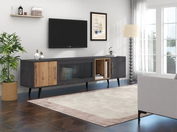 200 cm TV-möbel - lämplig för 90" TV-apparater - med stort förvaringsutrymme - Svart