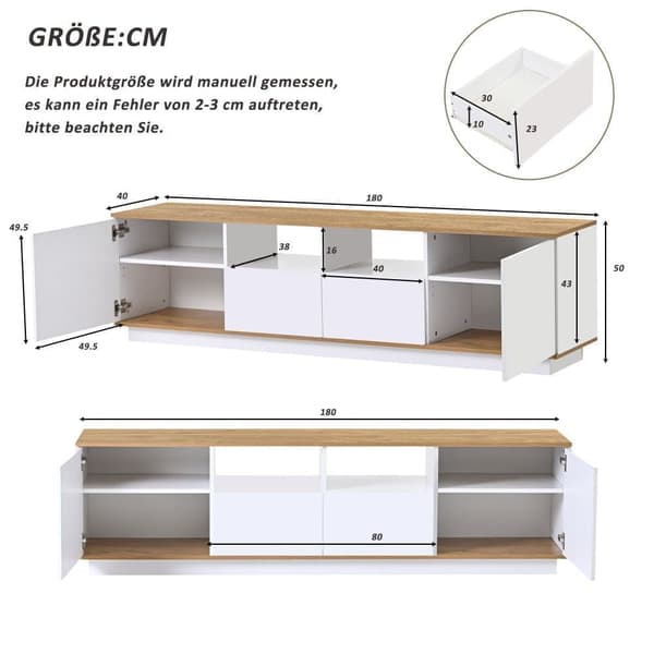 180cm TV skab med LED - 2 skuffer og 2 åbne hylder - Moderne skandinavisk stil - hvid