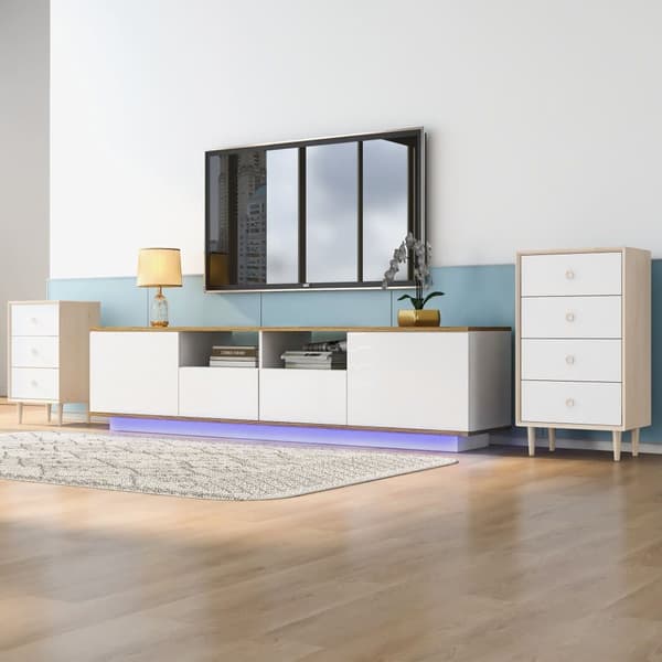 180cm TV skab med LED - 2 skuffer og 2 åbne hylder - Moderne skandinavisk stil - hvid