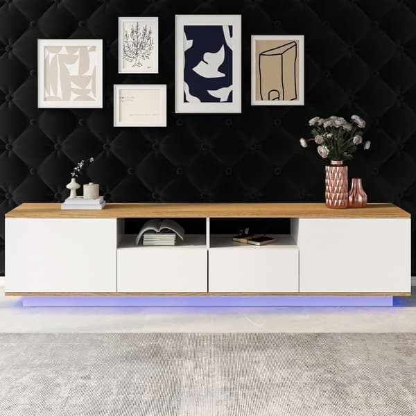 180cm TV skab med LED - 2 skuffer og 2 åbne hylder - Moderne skandinavisk stil - hvid