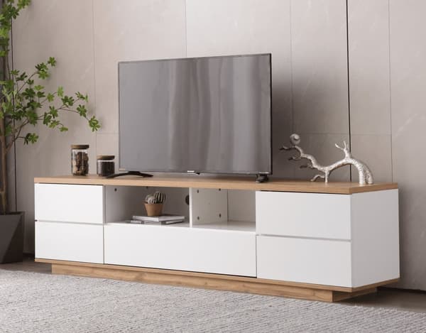 175cm TV-möbel med 5 dörrar och 2 fack för vardagsrummet - modern stil - natur & vit