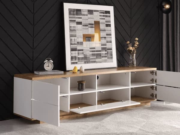 175cm TV-möbel med 5 dörrar och 2 fack för vardagsrummet - modern stil - natur & vit
