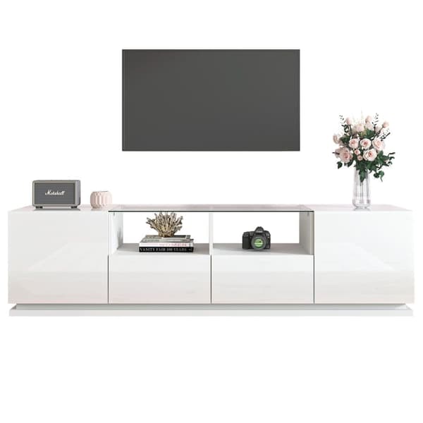 165cm TV-skab med farvet LED-lys - 2 skuffer, 2 låger og 2 glashylder - hvid