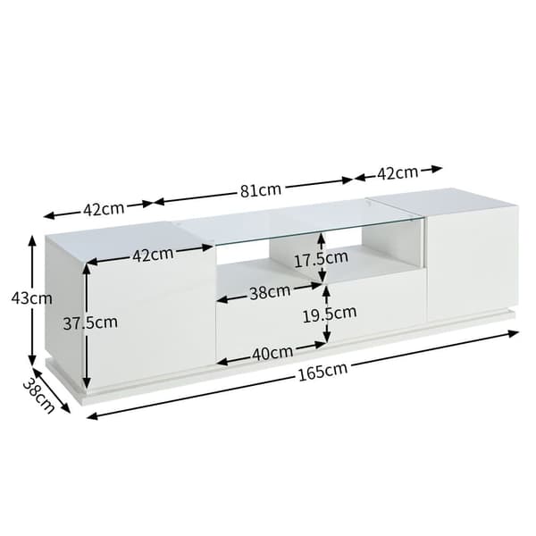 165cm TV-skab med farvet LED-lys - 2 skuffer, 2 låger og 2 glashylder - hvid