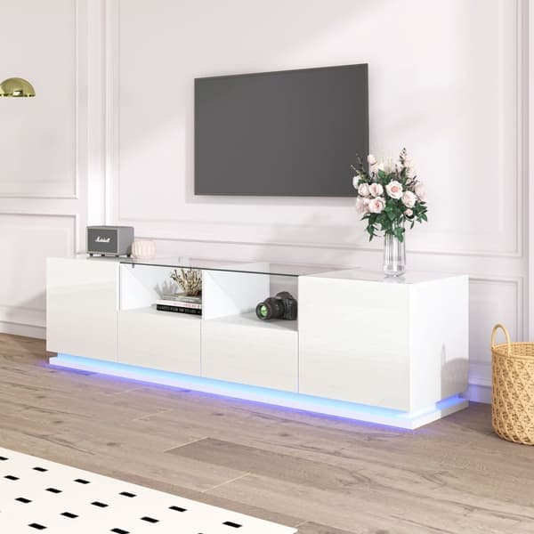 165cm TV-skab med farvet LED-lys - 2 skuffer, 2 låger og 2 glashylder - hvid
