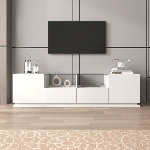 165cm TV-skab med farvet LED-lys - 2 skuffer, 2 låger og 2 glashylder - hvid