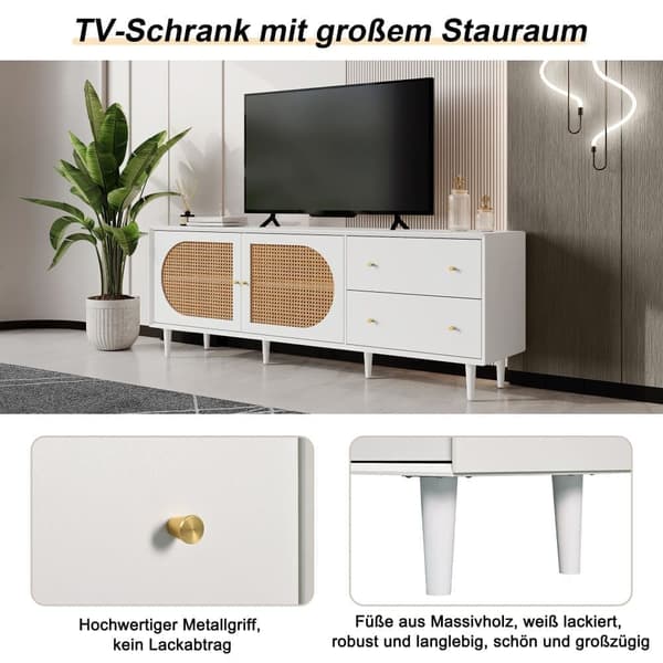 180cm TV-bänk - ben i massivt trä - 2 lådor - PE-rotting - vit