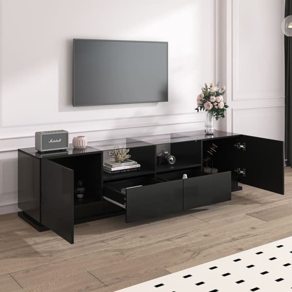 165cm TV skab med farvet LED lys - 2 skuffer, 2 låger og 2 glashylder - sort