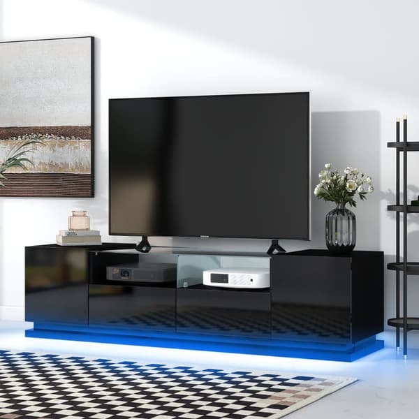 165cm TV skab med farvet LED lys - 2 skuffer, 2 låger og 2 glashylder - sort
