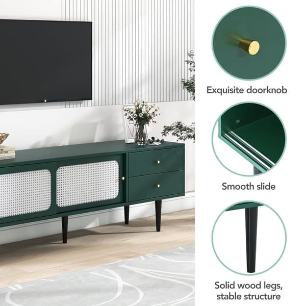 160cm TV-bänk med 2 skjutdörrar i rotting och 2 praktiska lådor - massivt trä förgyllda ben - grön