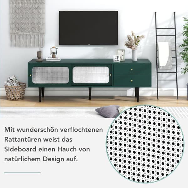 160cm TV-bänk med 2 skjutdörrar i rotting och 2 praktiska lådor - massivt trä förgyllda ben - grön