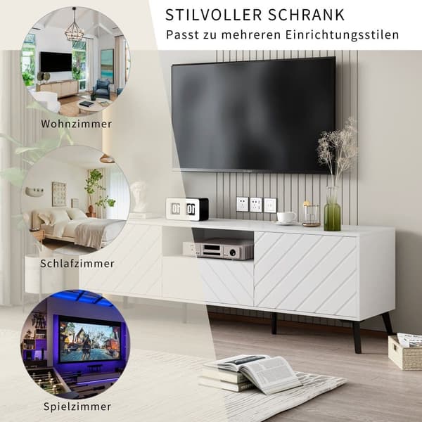 Moderne skandinavisk tv-stativ 170cm til 70" TV - 2 døre 1 kasse 1 niche - hvid